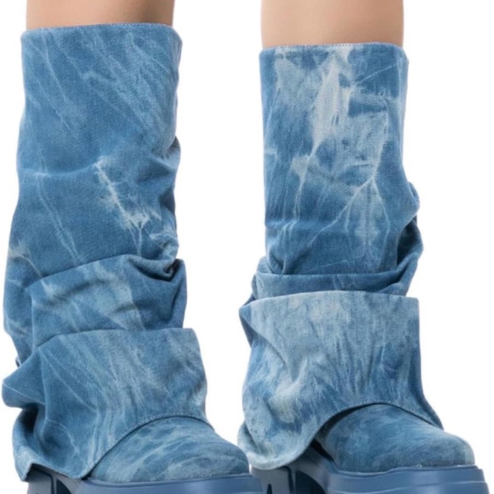 Denim Fold Over Platform Boots Women’s Size 7 Mid Calf Slouchy Combat